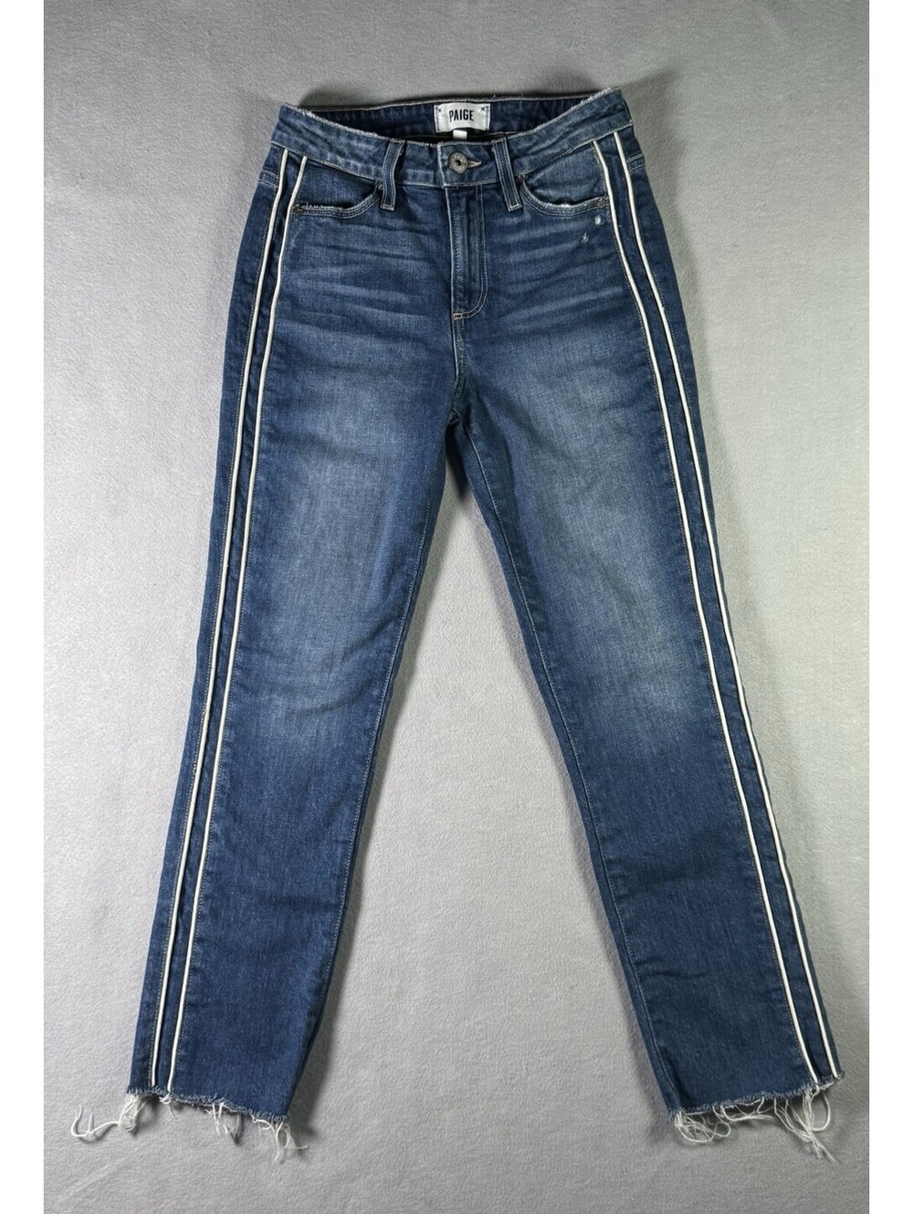 PAIGE Hoxton Straight Ankle Jeans Indigo Cream Side Piping Raw Hem Size 26